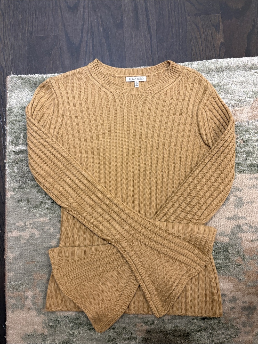 Ronny Kobo Collection Ribbed Crewneck Sweater in Camel